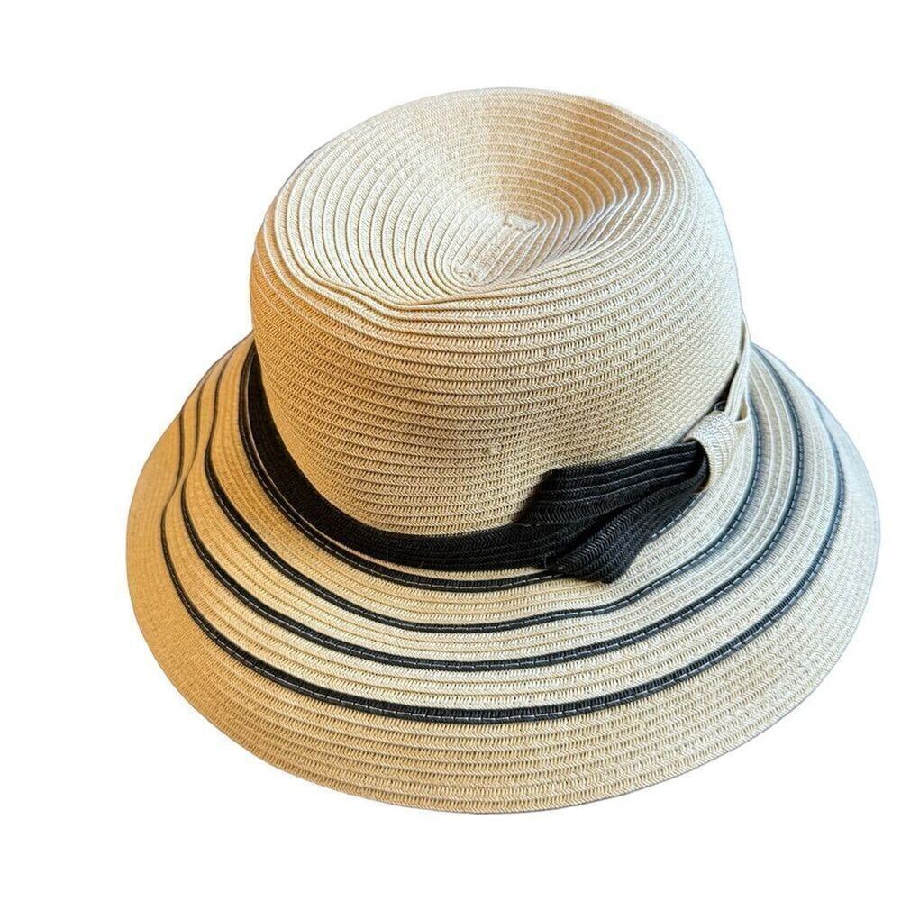 Fancet Women's Beige Straw Sun Hat Wide Brim UV Protection Foldable Size S/M